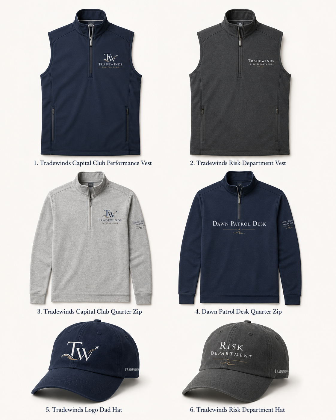 Tradewinds Collections lookbook with vests, quarter zips, and hats